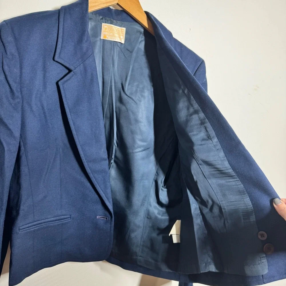 Pendleton Vintage Navy Blue 100% Virgin Wool Single Button Blazer Made in USA